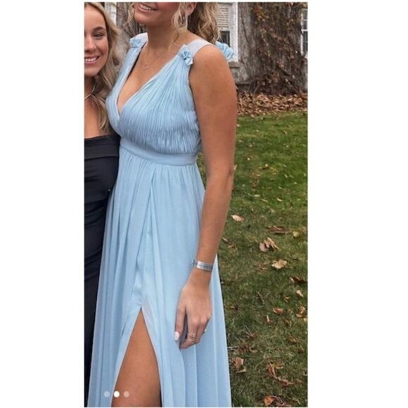 MAC DUGGAL Plunge Neck Chiffon Grecian Gown in Powder Blue Size US 12 - Picture 2 of 12